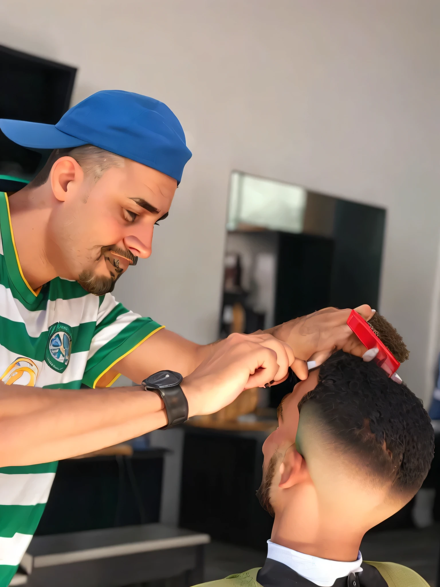 Man with a beard and green shirt and blue cap, getting a haircut, with a barber in the background.
