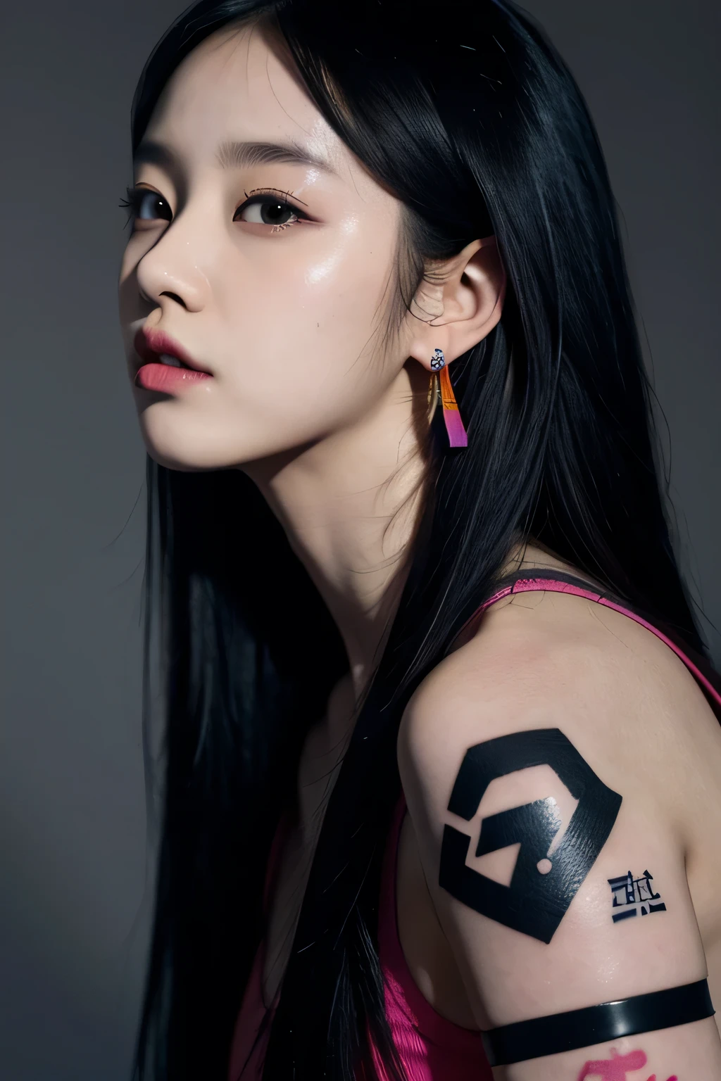 (((Bad Girl)))，(((Black tattoo)))，(((Avant-garde tattoo)))，(((Black tattoo on shoulder)))，(((Exaggerated hair coloring)))，(((Colorful hair)))，a chlorineose up of a person with a flowered shirt and earrings, blackpink 的 jossi, blackpink 的 roseanne park, portrait of blackpink 的 jossi, Sun Yunzhu, chlorine, Blackpink’s Jisoo, Cui Xianhua, Jisoo from Blackpink, Stopping distance - minutes, Korean Artist, Kim Tae-jun, BLACKPINK Jisoo’s portrait, jiyun chae, Kim Jong-ki
