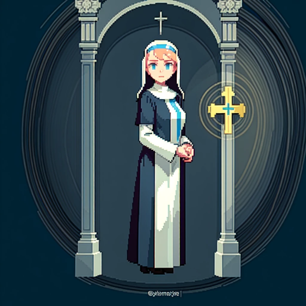(masterpiece, top quality, best quality), pixel,pixel art,A nun,church,slimbody,blue and white cloth,fullbody