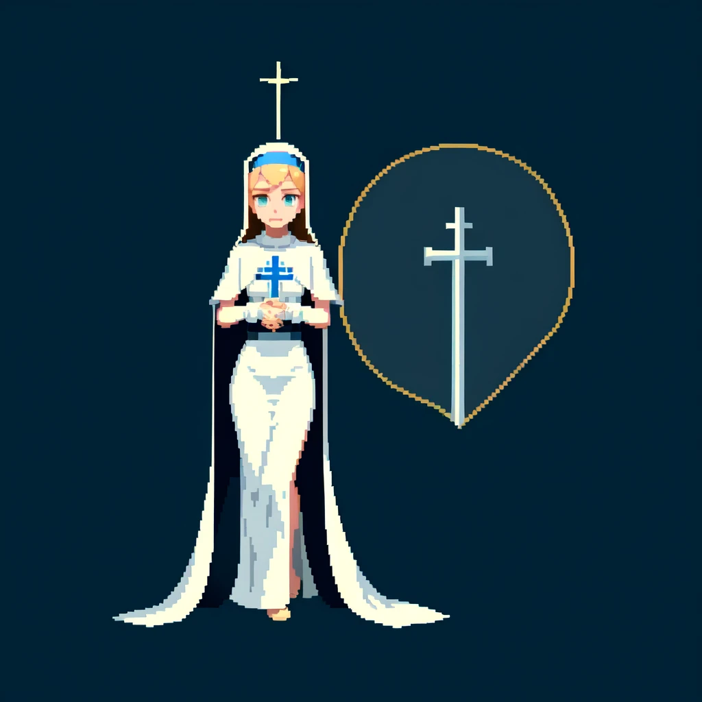 (masterpiece, top quality, best quality), pixel,pixel art,A nun,church,slimbody,blue and white cloth,fullbody
