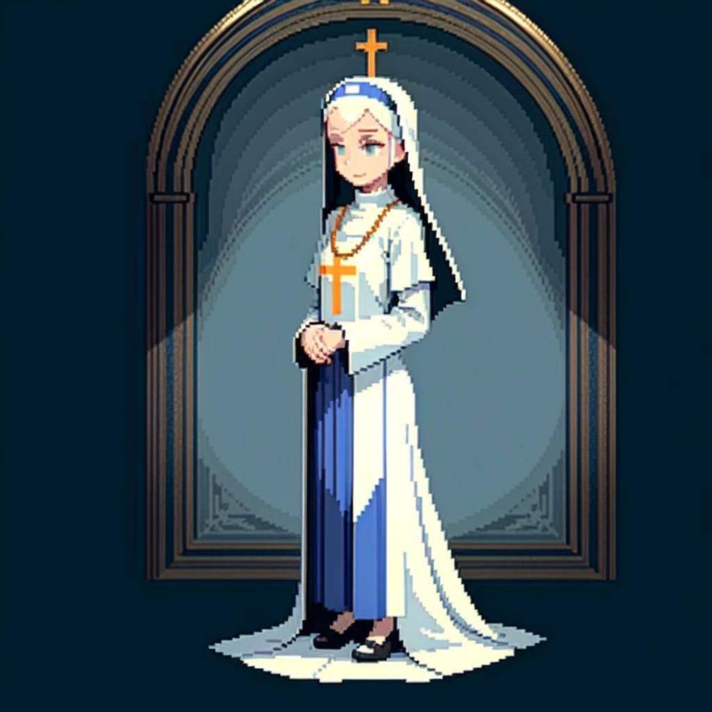 (masterpiece, top quality, best quality), pixel,pixel art,A nun,church,slimbody,blue and white cloth,fullbody