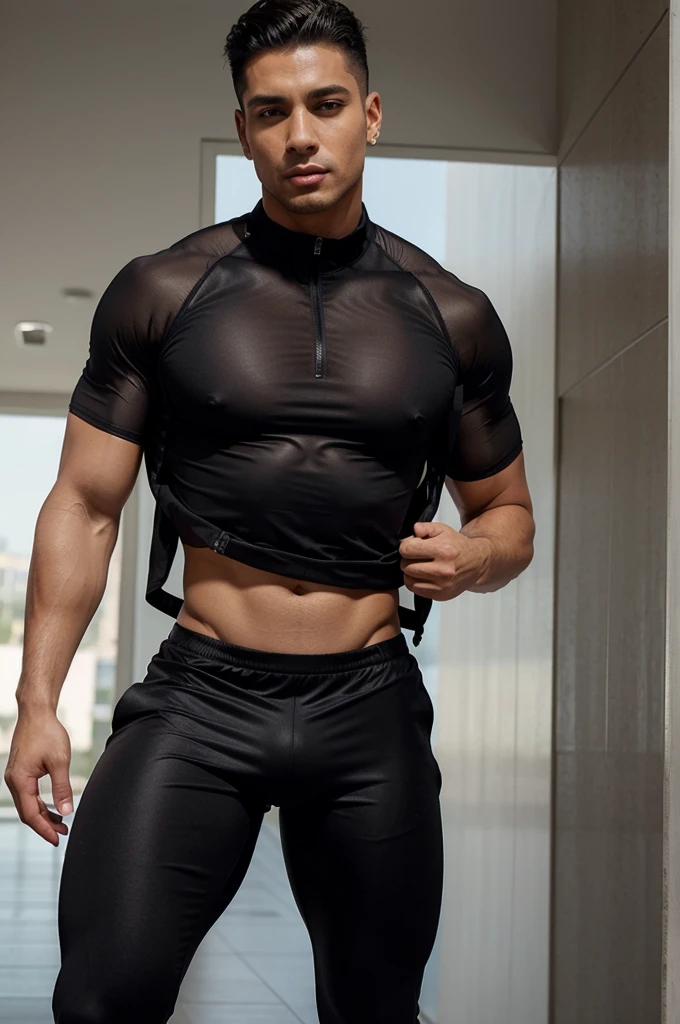 Handsome Latino Man Glamor Modern Fashion Suit Suit Black Athletic Clothing Sexy Pop Star Bare Chest with Jacket. Camiseta transparente preta Transparente e tule. . tight pants showing the muscles