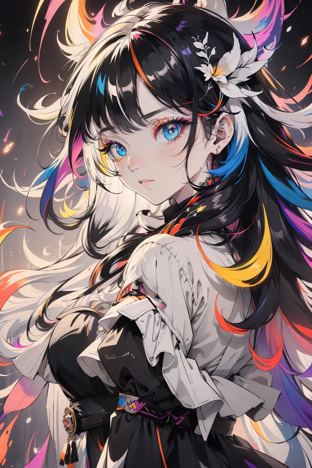 {{tmasterpiece}}, top-quality, Ultra detailed CG Unity 8K wallpaper, Cinematography lighting, lense flares, Beautiful detail eyes, hair color:white and black, Colorful light, Particle, heterochromia iridis, (extremely colorful:1.5), (Colorful hair:1.5)