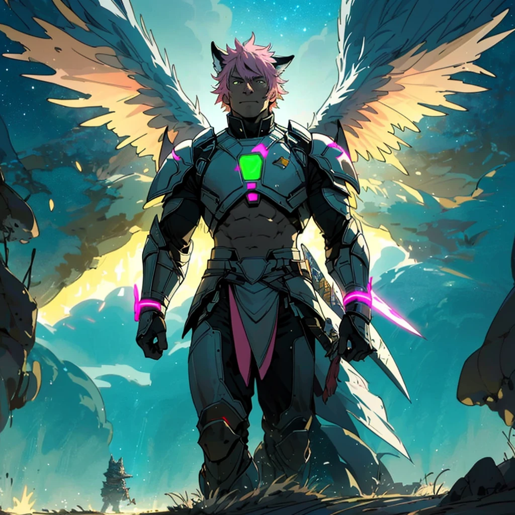 warrior with long wings, old men with wolf ears, (ultra-detailed), (perfect lighting), (dynamic angle), floating while landing, futuristic retro armor, long sword, fire pink neon glowing outline, starry sky, colorful clouds