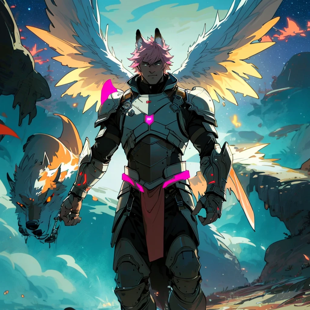 warrior with long wings, old men with wolf ears, (ultra-detailed), (perfect lighting), (dynamic angle), floating while landing, futuristic retro armor, long sword, fire pink neon glowing outline, starry sky, colorful clouds