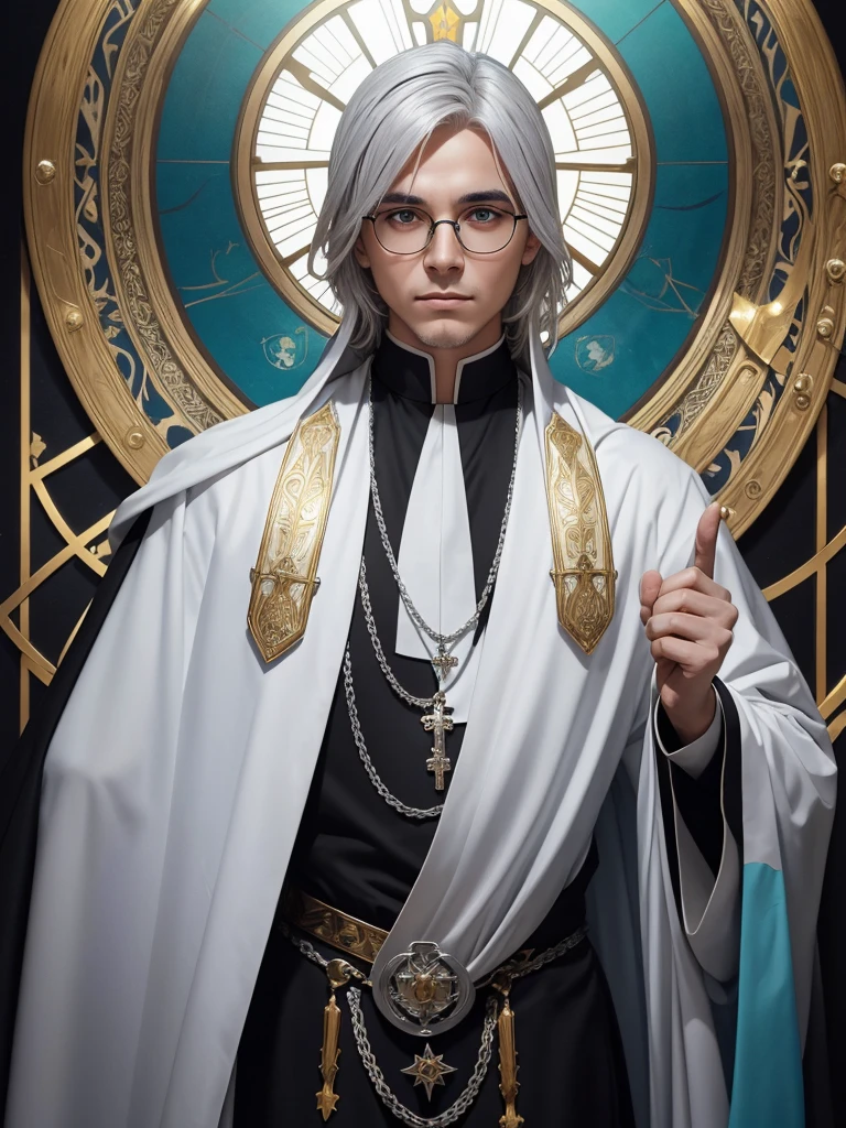 Young Protestant pastor, neatly combed silver hair, cyan eyes alongside gold-rimmed glasses, white skin, refined features, sharp jawline, black religious habit, black cape on top of it, white collar, Mucha style, Mucha background, realistic, portrait