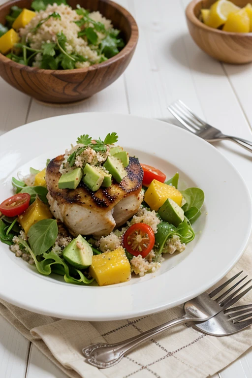 Create an image for the recipe presentation "ensalada de pollo a la parrilla con quinoa, mango and avocado and lemon vinaigrette"