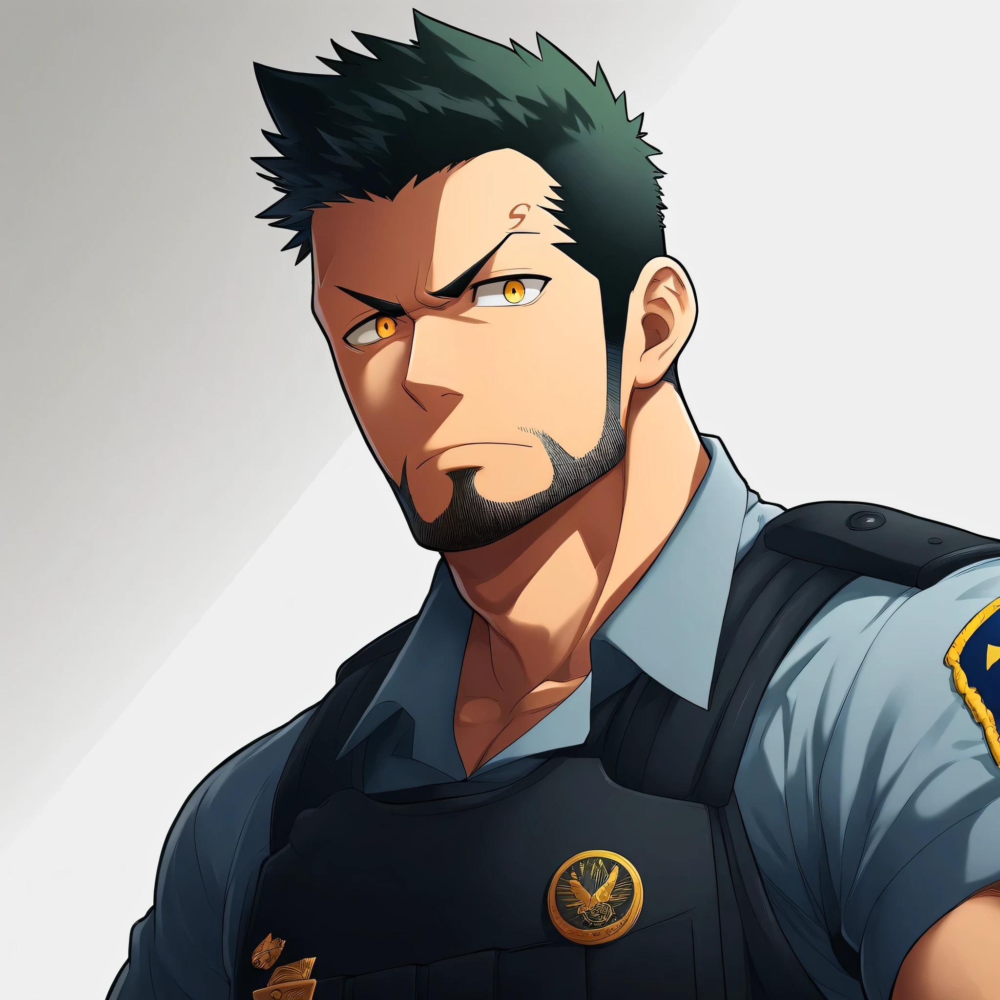 Anime Characters:Guy, Priapus, 1 muscular police officer, Male focus, Camouflage military uniform, Layered over a black tights, muscular male, muscular, only, Upper Body, Solitary, short black hair, Thick eyebrows, Beard scum, Yellow eyes, White background, Simple background, excellent quality, Best aesthetics, ridiculous, Smart pupils, short hair, jitome, v-shaped eyebrows, best quality