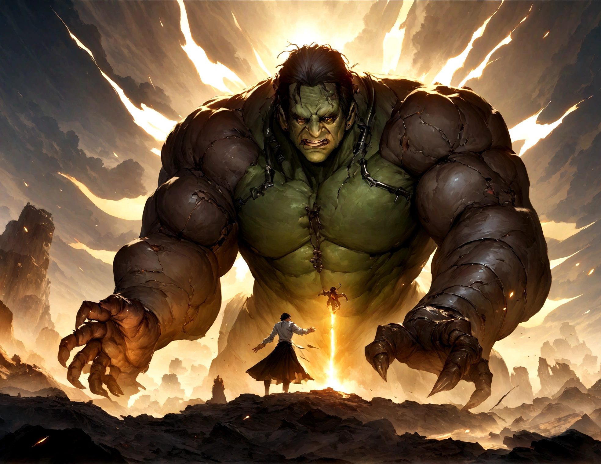 "Frankenstein, Monster, merged into an epic, imagem detalhada. Mastery in quality and lighting. Stunning and impactful scenery. Dynamic and powerful action. Efeitos de sombra e luz melhorados. High resolution masterpiece. State-of-the-art CG art. Incredible and immersive result.+"