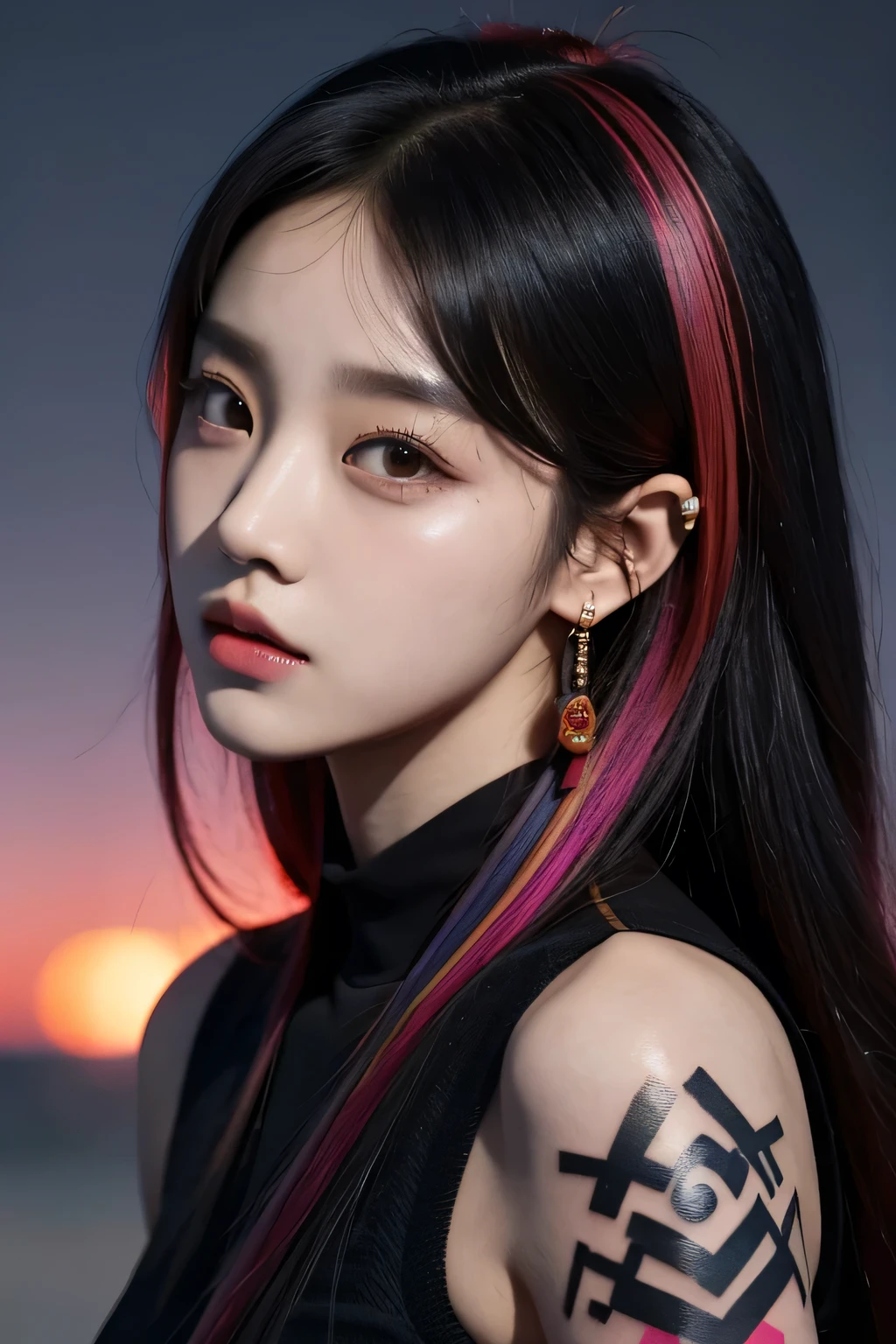 (((Bad Girl))),(((Black tattoo))),(((Avant-garde tattoo))),(((Black tattoo on shoulder))),(((Exaggerated hair coloring))),(((Colorful hair))),a chlorineose up of a person with a flowered shirt and earrings, blackpink 的 jossi, blackpink 的 roseanne park, portrait of blackpink 的 jossi, Sun Yunzhu, chlorine, Blackpink’s Jisoo, Cui Xianhua, Jisoo from Blackpink, Stopping distance - minutes, Korean Artist, Kim Tae-jun, BLACKPINK Jisoo’s portrait, jiyun chae, Kim Jong-ki