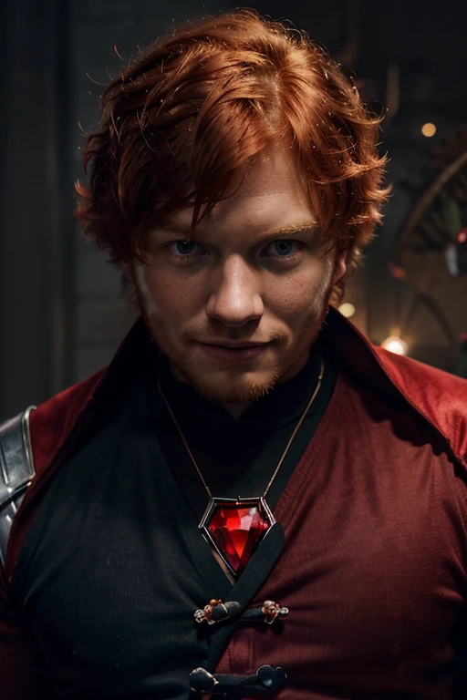 Crie um poster do Ed sheeran, com um olhar sombrio de vilão smiling handsome strong man superhero with a red crystal on his chest, red-haired strong superhero with scarlet diamond powers wearing a black shirt and a scarlet red overcoat with large pointy red crystals coming out of his back
