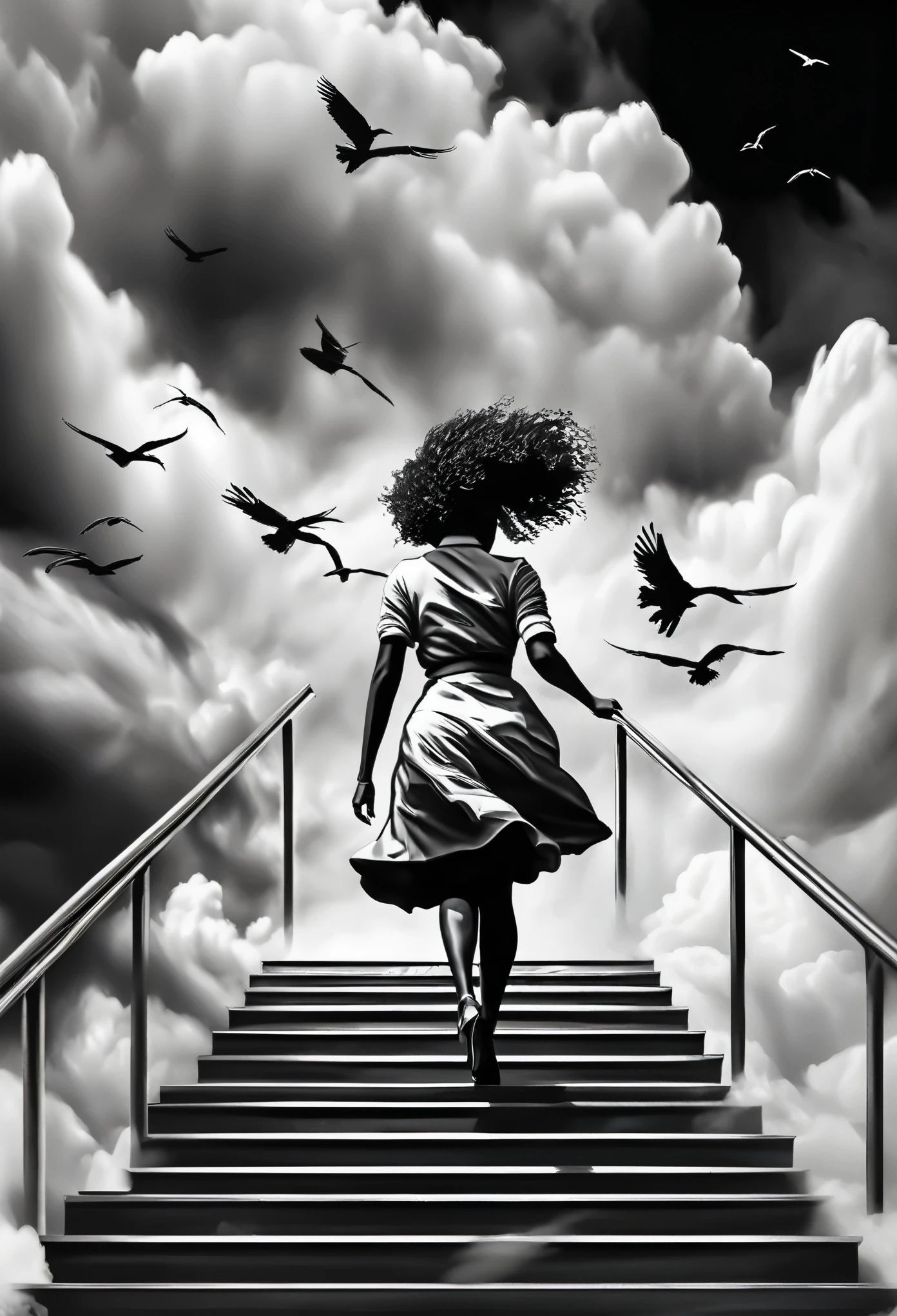 from a distance a black woman is seen walking up the stairs case twirling into the sky, clouds surrounding her giving a sense of surrealism, birds flying around her, black and white imagery greatly inspired by Germany expressionism art, 32k, ultra HD,