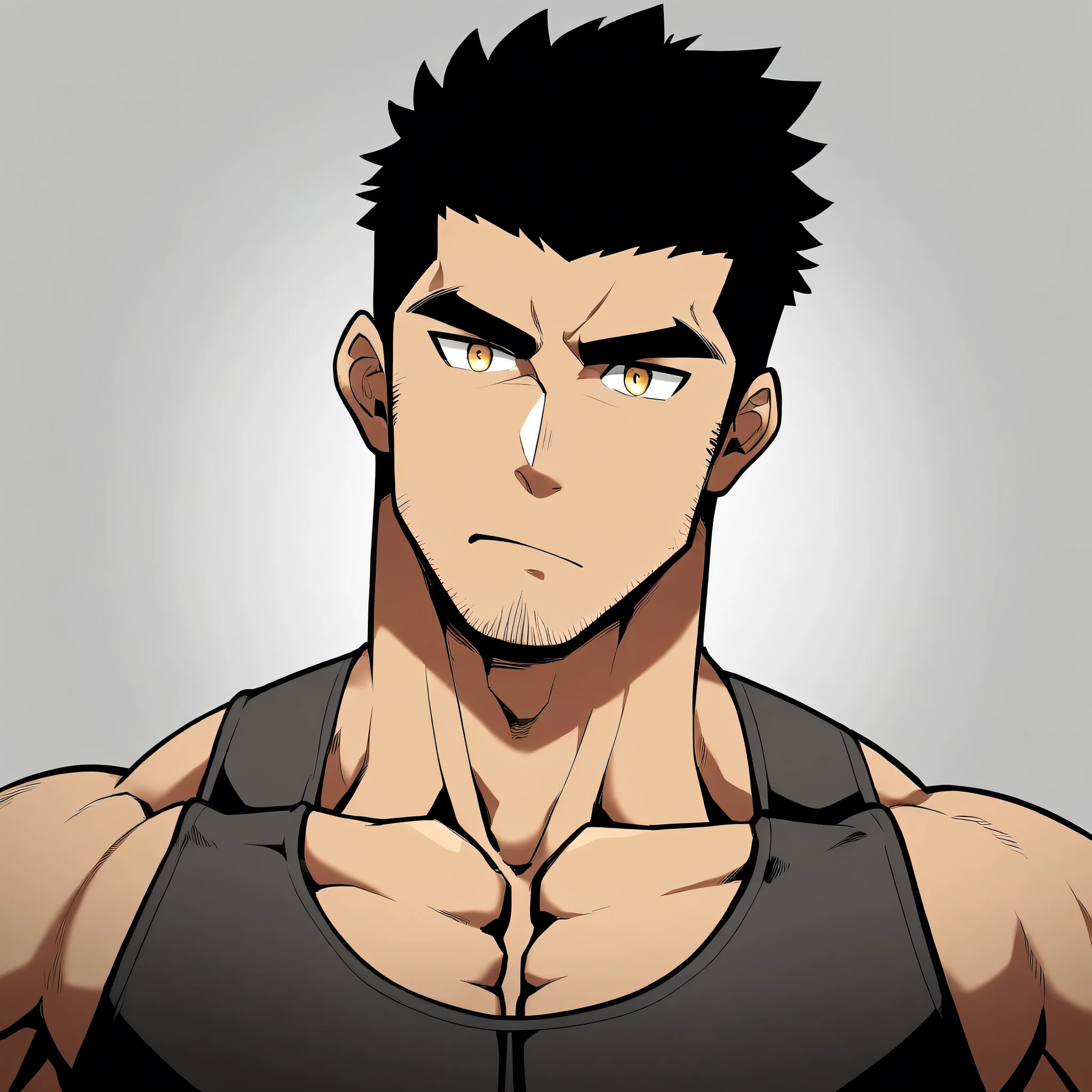 1 Young muscular fitness trainer, Male focus, Black tights, Layered over a black tights, muscular male, muscular, only, Upper Body, Solitary, short black hair, Thick eyebrows, Small amount of stubble, Yellow eyes, White background, Simple background, excellent quality, Best aesthetics, ridiculous, Smart pupils, short hair, jitome, v-shaped eyebrows, Anime, best quality