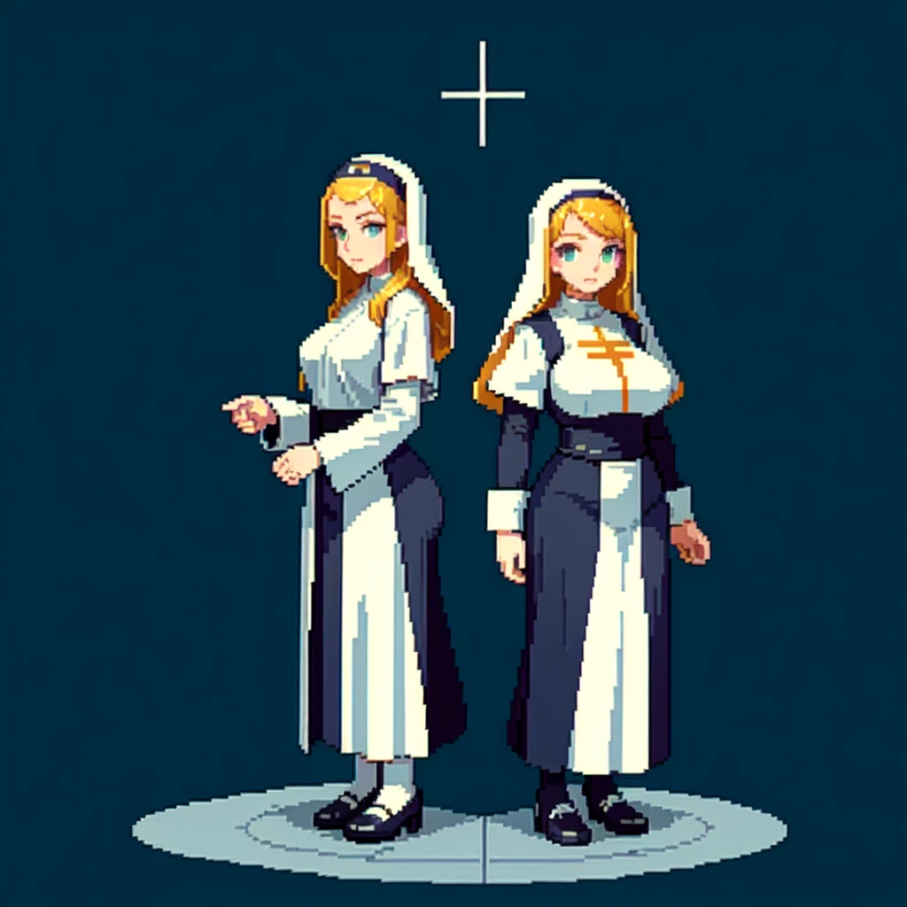 (masterpiece, top quality, best quality), pixel,pixel art,A nun,church,thickbody,blue and white cloth,fullbody