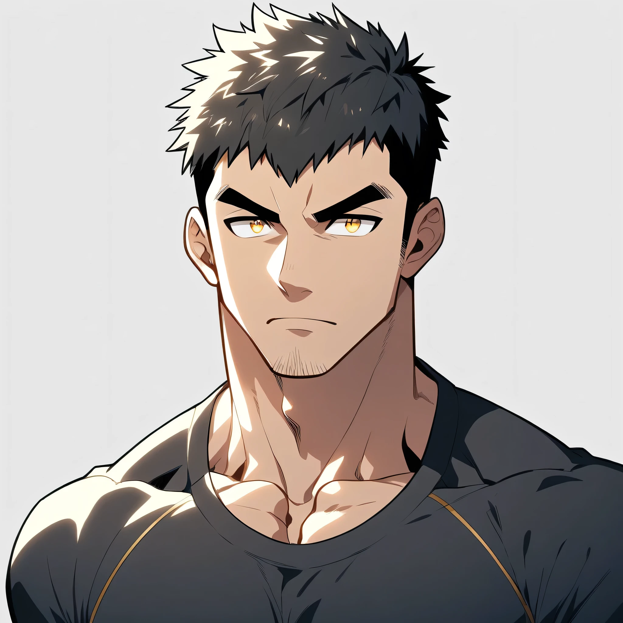 ung muscular fitness trainer, Male focus, Black tights, Layered over a black tights, muscular male, muscular, only, Upper Body, Solitary, short black hair, Thick eyebrows, Small amount of stubble, Yellow eyes, White background, Simple background, excellent quality, Best aesthetics, ridiculous, Smart pupils, short hair, jitome, v-shaped eyebrows, Anime, best quality