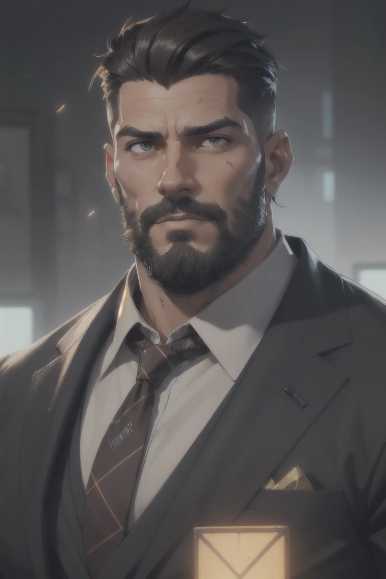 a close up of a man with a beard and a suit, a character portrait inspired by Constantine Andreou, trending on Artstation, digital art, wojtek fus, style of raymond swanland, shadowrun character art, stunning character art, concept art like ernest khalimov, portrait of adam jensen, character portrait art, amazing 8k character concept art, detailed character portrait