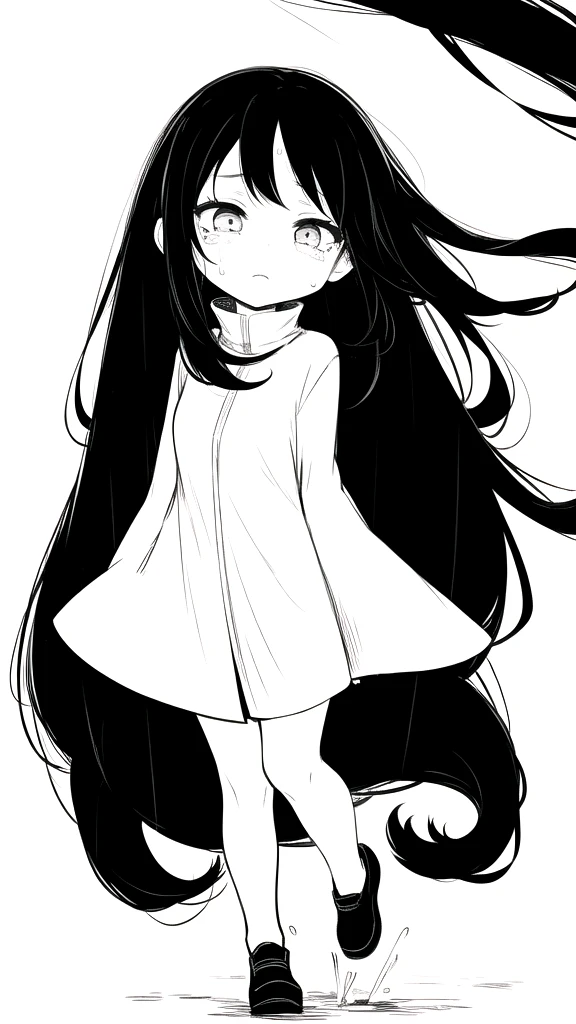 best quality, chibi, 1 girl,Long black hair,(full body), Pure white background,Vivid,clearly,sad face,rain,snow,Are crying,shout,Very long black hair blowing in the wind,Falling over