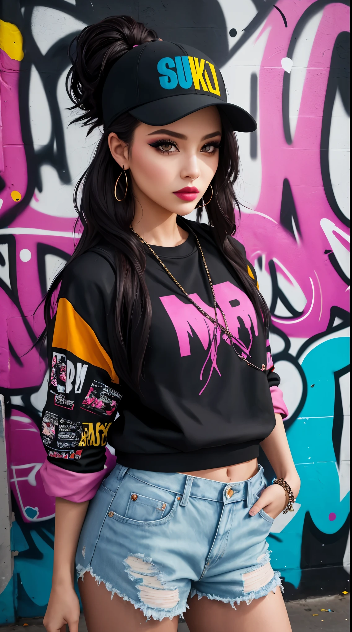 A rebellious girl with a stylish street fashion style, featuring a sultry look and a smoky eye makeup. The background is a graffiti wall, showcasing a dynamic pose in a colorful photograph. (best quality,4k,8k,highres,masterpiece:1.2),ultra-detailed,(realistic,photorealistic,photo-realistic:1.37),street photography,vivid colors,urban fashion,portraits,fashion model