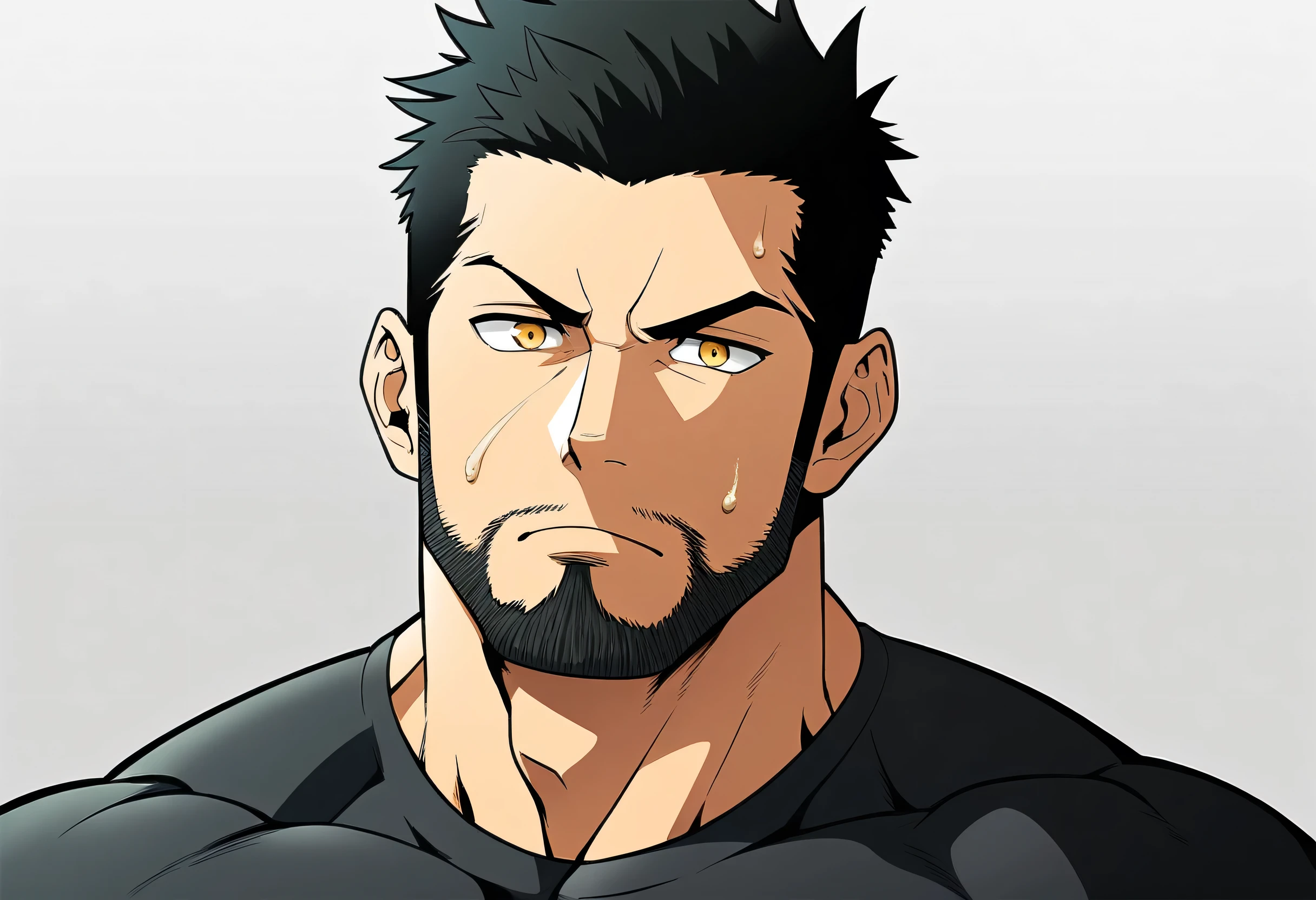 Anime Characters:Guy, Priapus, 1 muscular fitness trainer, Male focus, Black tights, Layered over a black tights, muscular male, muscular, only, Upper Body, Solitary, short black hair, Thick eyebrows, Beard scum, Yellow eyes, White background, Simple background, excellent quality, Best aesthetics, ridiculous, Smart pupils, short hair, jitome, v-shaped eyebrows, best quality