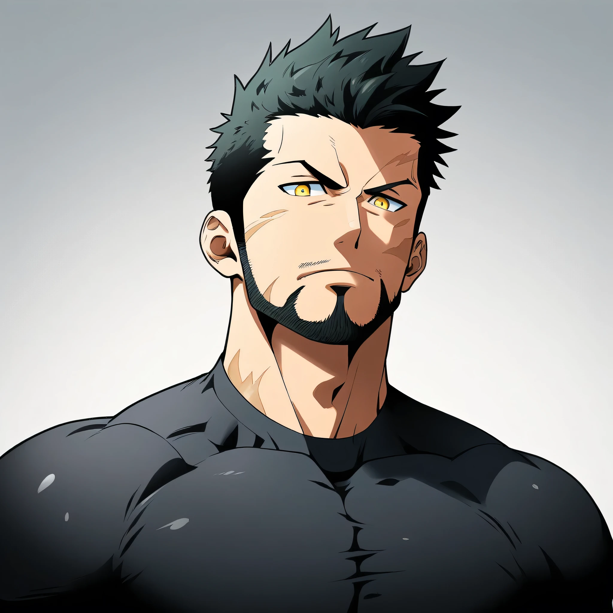 Anime Characters：Guy, Priapus, 1 muscular fitness trainer, Male focus, Black tights, Layered over a black tights, muscular male, muscular, only, Upper Body, Solitary, short black hair, Thick eyebrows, Beard scum, Yellow eyes, White background, Simple background, excellent quality, Best aesthetics, ridiculous, Smart pupils, short hair, jitome, v-shaped eyebrows, best quality