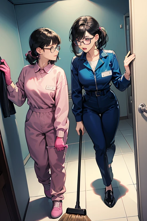 Two mature cleaning ladies with glasses and black hair in blue long sleeve jumpsuits and pink rubber gloves look shocked when they see a penis in a dirty public restroom.