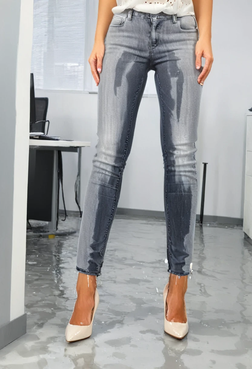 attractive blonde woman wearing skinny jeans, flat heel pumps, white blouse, standing in an office,  wetting, big smile, pee stains are gleaming wet, shoes are flooded with pee