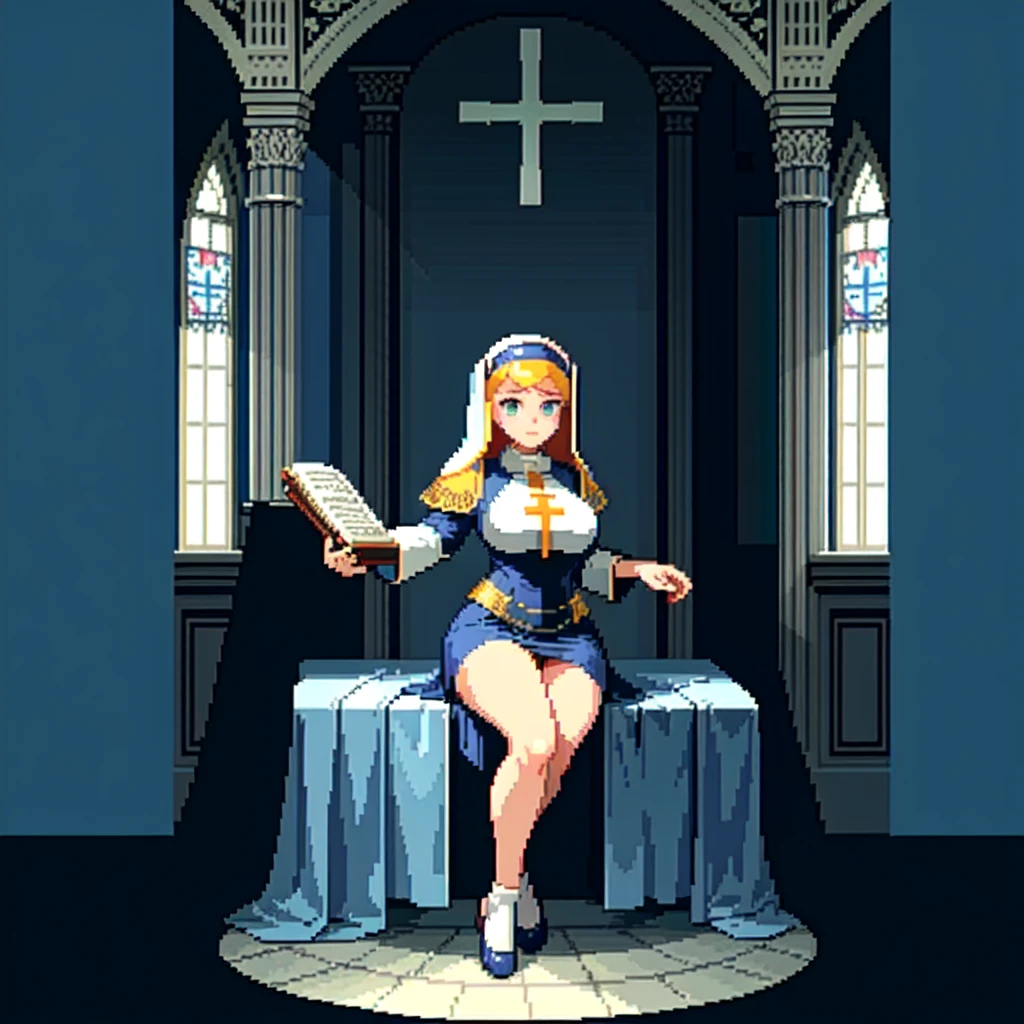 (masterpiece, top quality, best quality), pixel,pixel art,A nun,church,thickbody,blue and white cloth,sit on chair,fullbody