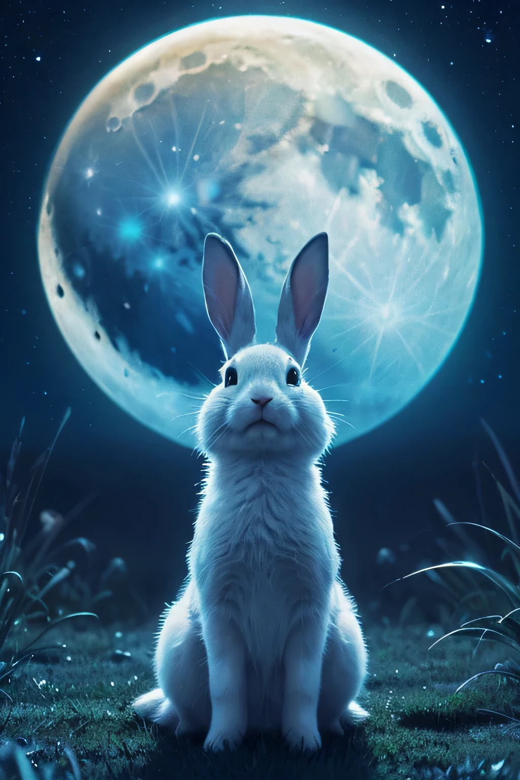 /imagine prompt: A cute rabbit looking up at the moon at midnight, nostalgic art style, serene night sky, unreal, gentle moonlight, stars twinkling softly, vintage color palette --v 5 --ar 16:9 --q 2 --style 4a