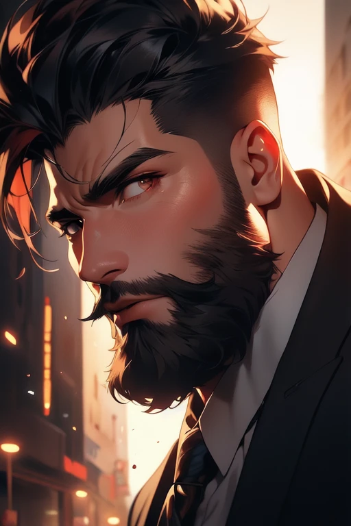 a close up of a man with a red beard and a suit, a character portrait inspired by Constantine Andreou, trending on Artstation, digital art, wojtek fus, style of raymond swanland, shadowrun character art, stunning character art, concept art like ernest khalimov, portrait of adam jensen, character portrait art, amazing 8k character concept art, detailed character portrait,