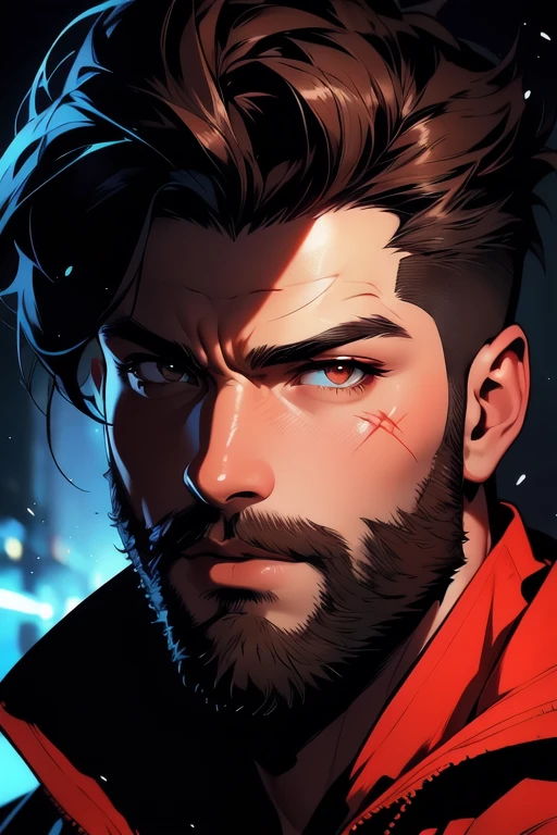 a close up of a man with a red beard and a suit, a character portrait inspired by Constantine Andreou, trending on Artstation, digital art, wojtek fus, style of raymond swanland, shadowrun character art, stunning character art, concept art like ernest khalimov, portrait of adam jensen, character portrait art, amazing 8k character concept art, detailed character portrait,