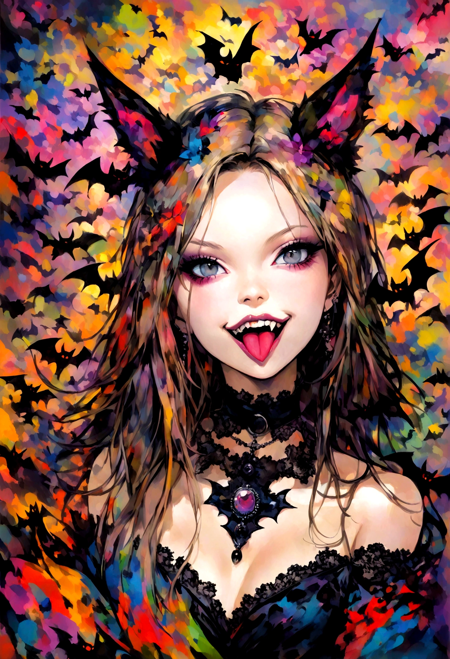  erotic oil painting, Tongue Female Demon, abstract, very colorful, Pointy teeth, Dark, goth, Bats, cat, Kate moss