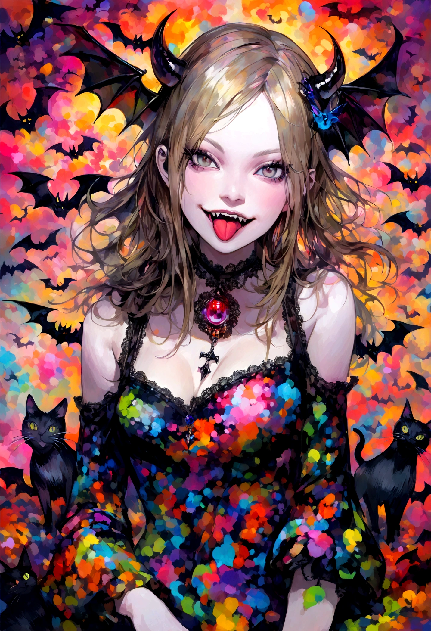 erotic oil painting, Tongue Female Demon, abstract, very colorful, Pointy teeth, Dark, goth, Bats, cat, Kate moss