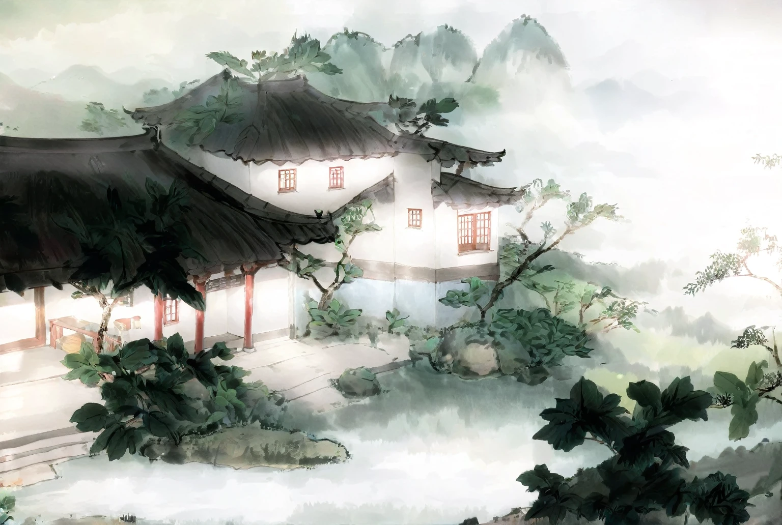 This is a villa at the foot of Huangshan Mountain in China,((Private Villa))Chinese-style architecture,Private Villa,Two-story building,Upper bedroom,Living room below,A couple in the bedroom,There is a swimming pool in the courtyard,Romantic,Warm