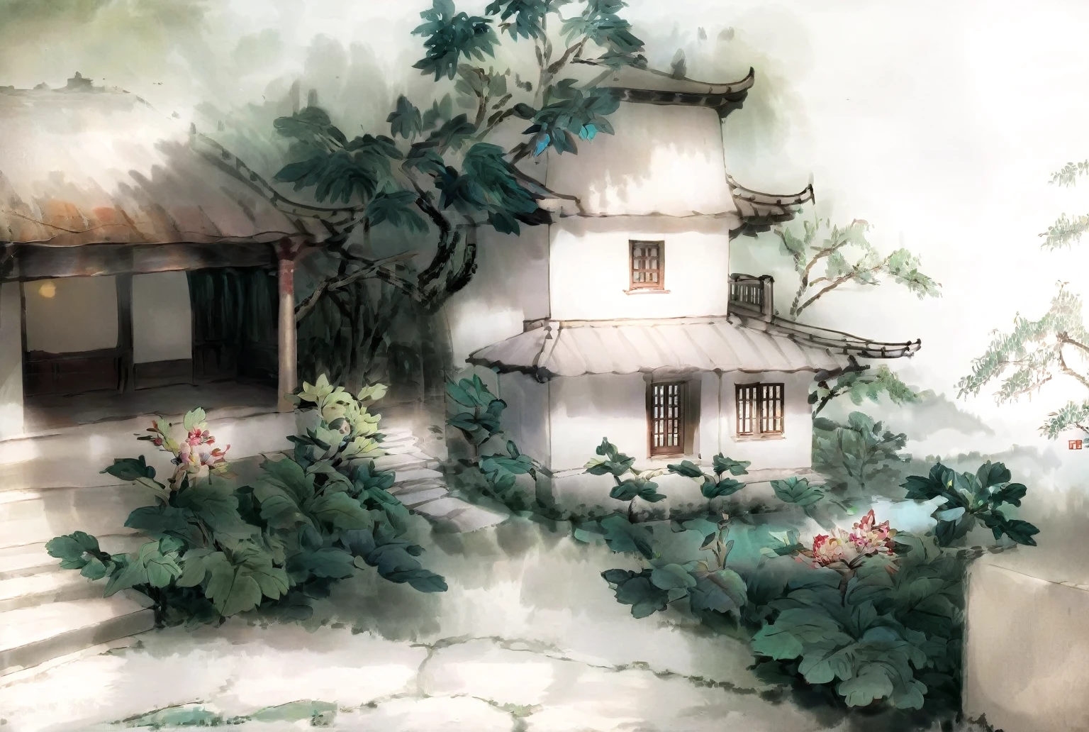 This is a villa at the foot of Huangshan Mountain in China,((Private Villa))Chinese-style architecture,Private Villa,Two-story building,Upper bedroom,Living room below,A couple in the bedroom,There is a swimming pool in the courtyard,Romantic,Warm