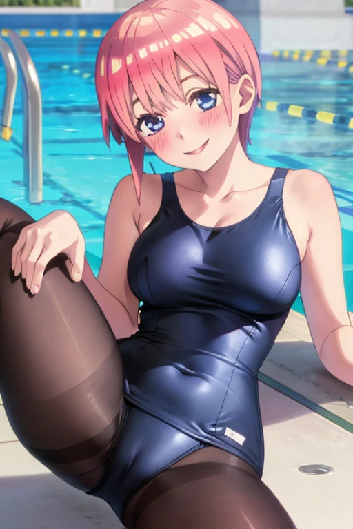 best quality, masterpiece, high quality, insanely detailed, ichika nakano, one-piece swimsuit, breasts, pantyhose, blush, smile, school poolside, leg spread