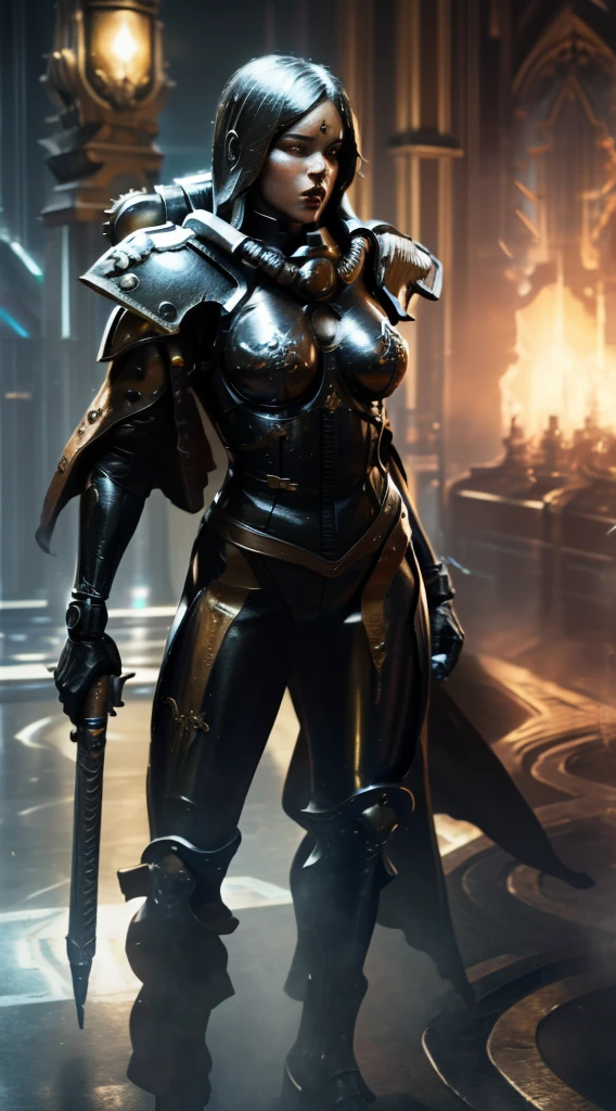 ((ADEPTA SORORITAS)) ((whrepentia)) seraphina has a sexy and elegant jenna_ortega figure made of liquid metal, her body and head are a constant reflection of liquid metal, with silver nuances that adapt harmoniously to the environment. her eyes, intensely luminous, reveal the duality between her humanity and mechanical composition. a perfect balance between grace and futuristic in mortal kombat 11 style ((whsororitas_v3))