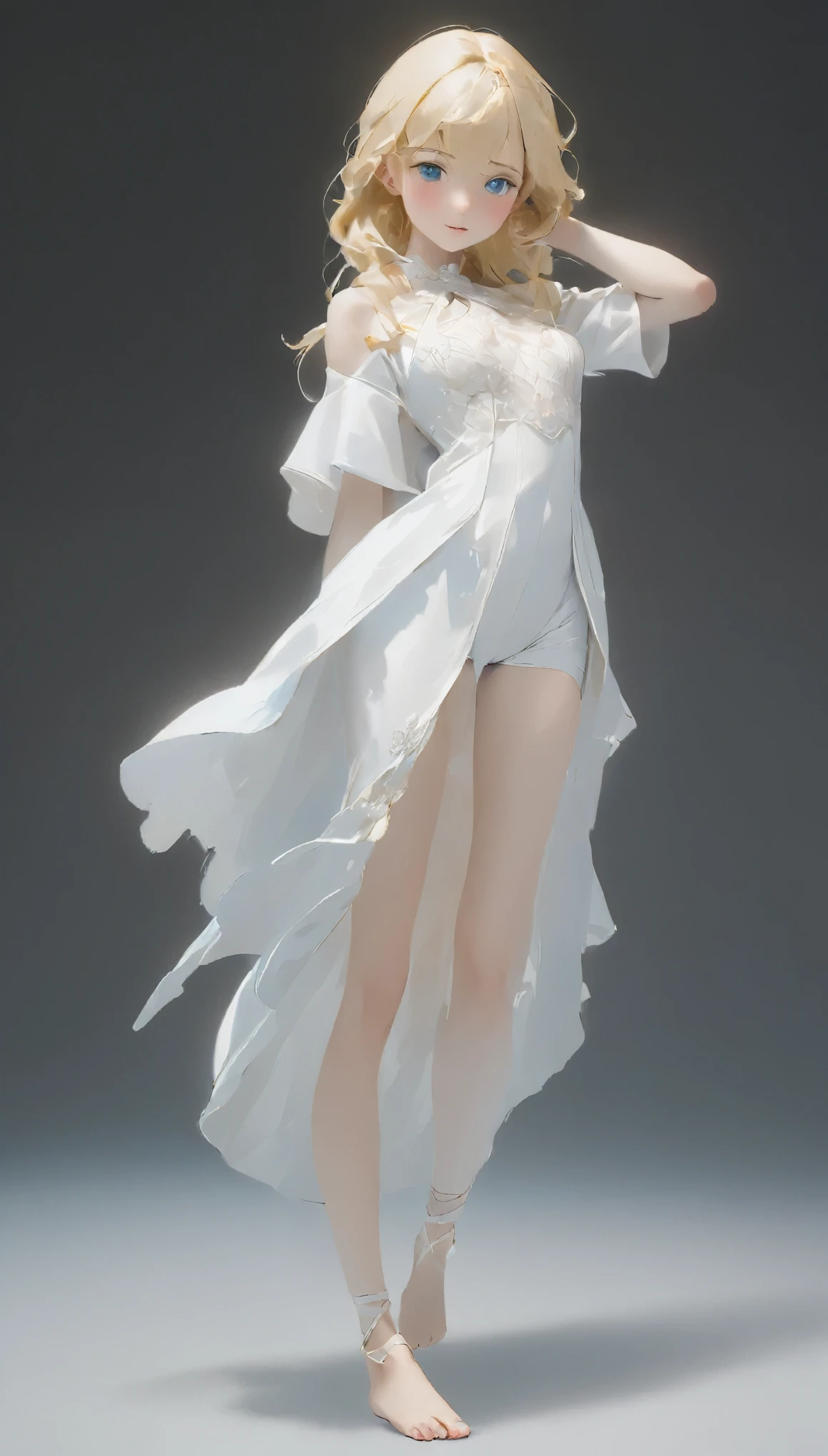 masterpiece, highest quality, Super detailed, figure,, One girl, blonde, White God々Ishi costume, Full-body white clothing、 Full body angle, Barefoot