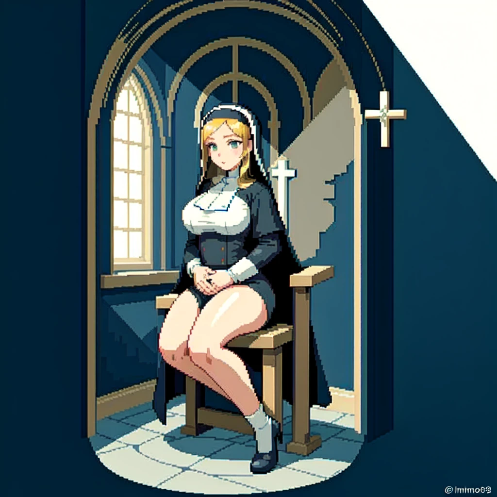 (masterpiece, top quality, best quality), pixel,pixel art,A nun,church,thickbody,blue and white cloth,sit on chair,fullbody