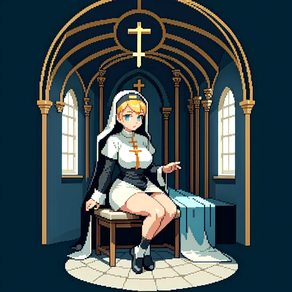 (masterpiece, top quality, best quality), pixel,pixel art,A nun,church,thickbody,blue and white cloth,sit on chair,fullbody