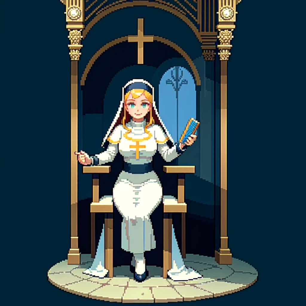 (masterpiece, top quality, best quality), pixel,pixel art,A nun,church,thickbody,blue and white cloth,sit on chair,fullbody