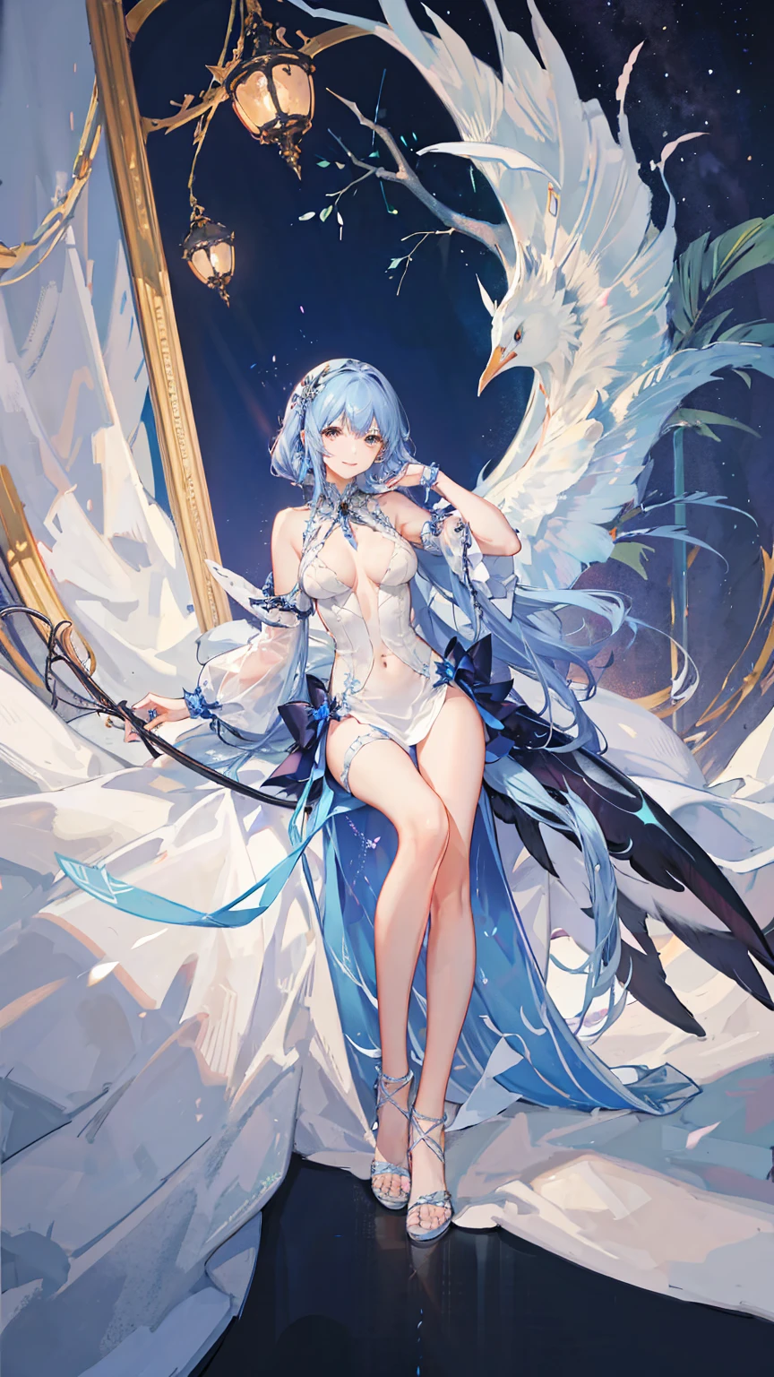 tmasterpiece, best qualtiy,4K,wallpaper 8k, hyper-detailing, illustratio, sportrait, 1girl, blacksilk,a purple eye,st louis \(Luxury wheels\)\(Sky Blue Lane\), hair adornments, 耳Nipple Ring, choker necklace, sportrait, ((((silvercleavage dress))), (Revealing the))), looki at viewer, 独奏,Walk gracefully