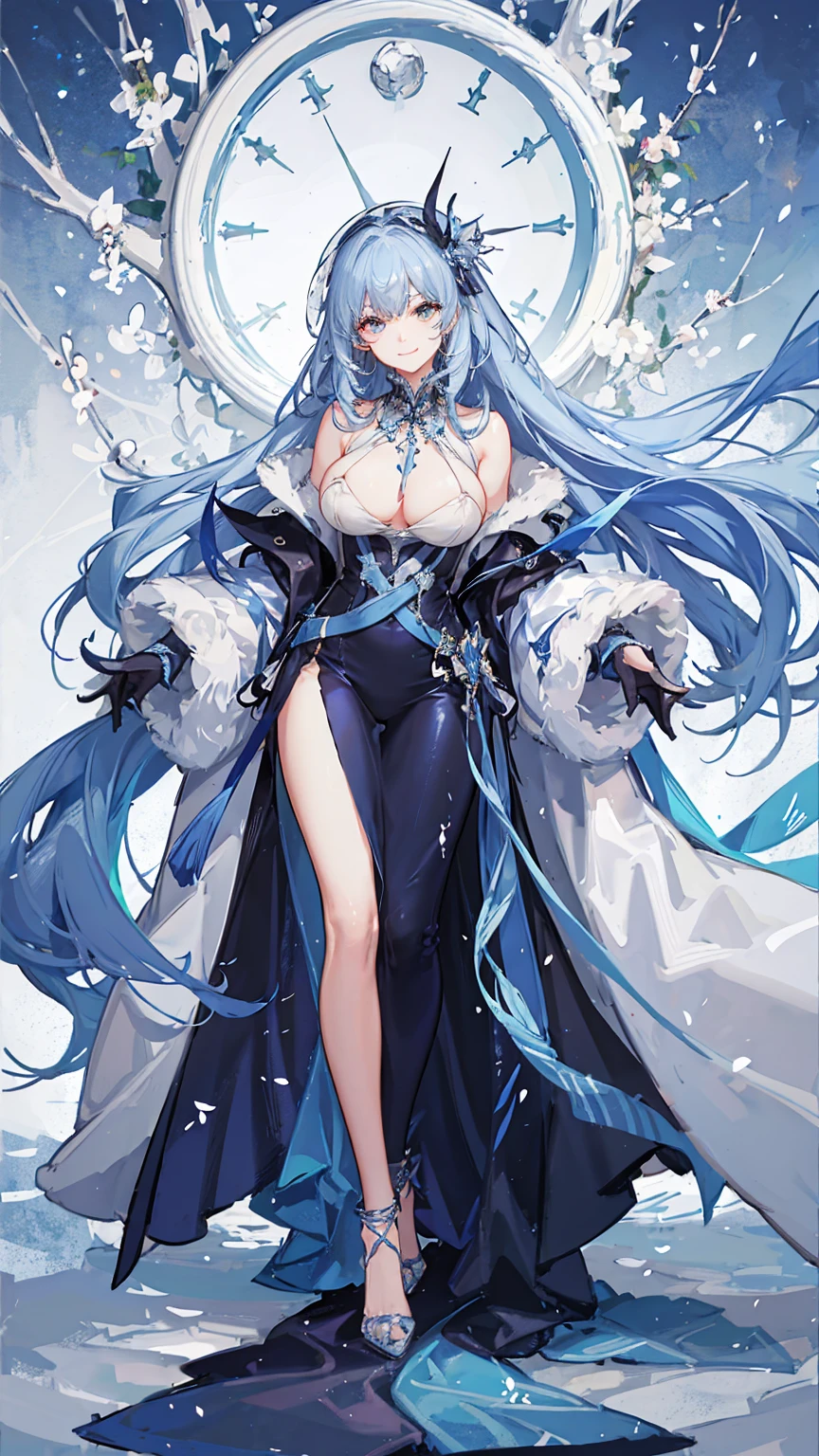 sfw,light blue hair, long straight fair、huge tits,beautiful body,best quality,masterpiece,Ultra detailed,very,very luxurious,confident smile