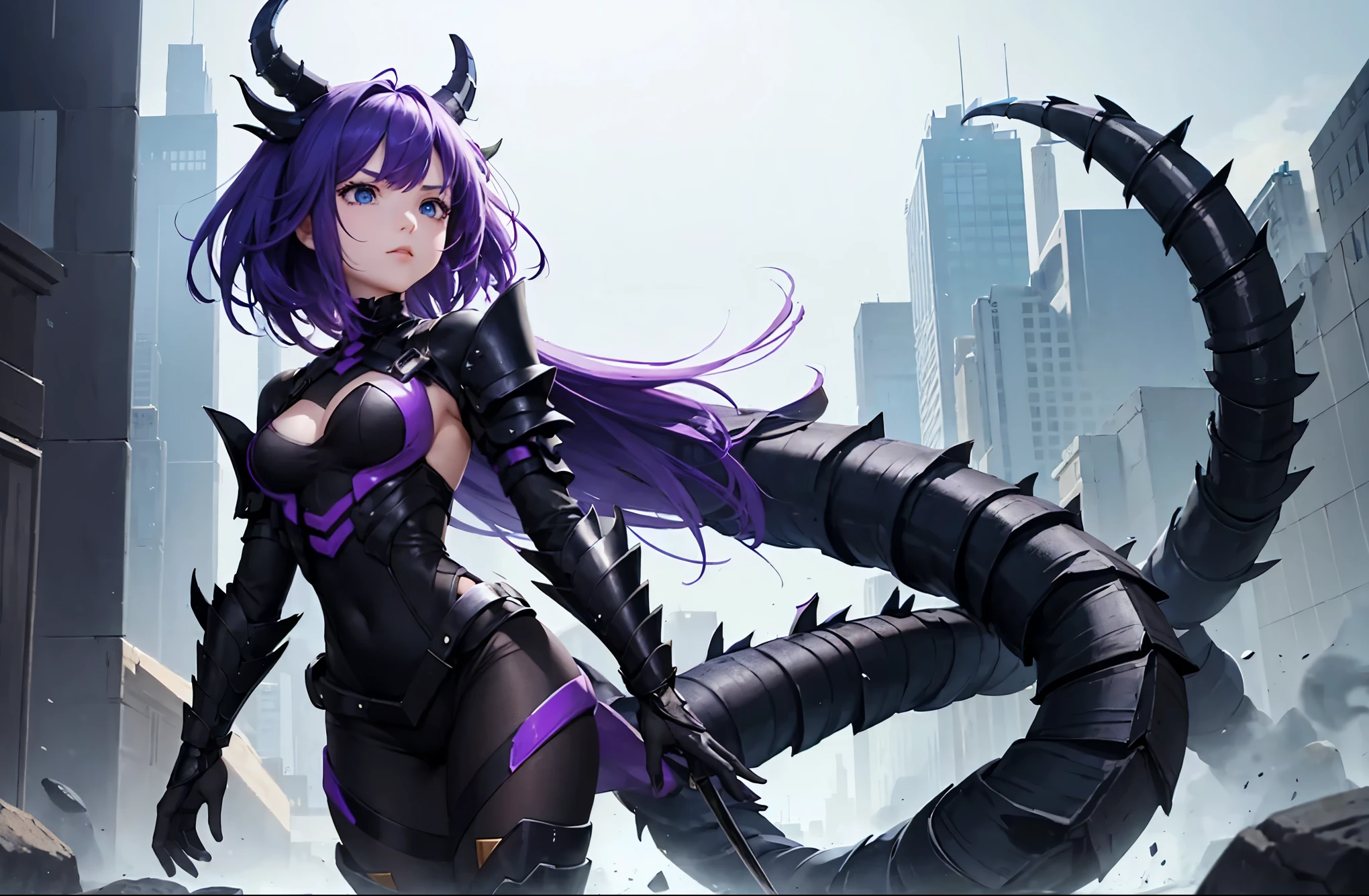 A girl fused with a centipede. Armor. Black and blue. With a weapon.