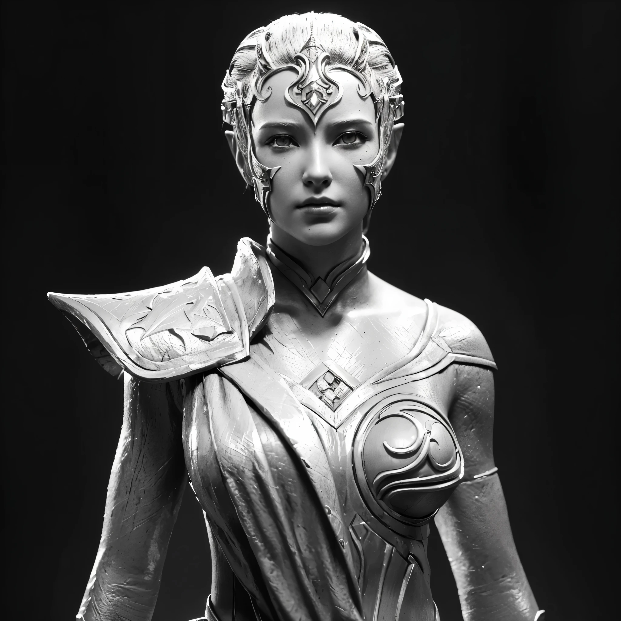 arafed statue of a woman with a sword and armor, goddess. extremely high detail, hyperdetailed fantasy character, cinematic bust portrait, cinematic goddess close shot, cinematic bust shot, sci-fi female, sculpted in zbrush, portrait of an elf queen, portrait of female humanoid, sci fi female character, 3d sculpt, cinematic close-up bust shot
