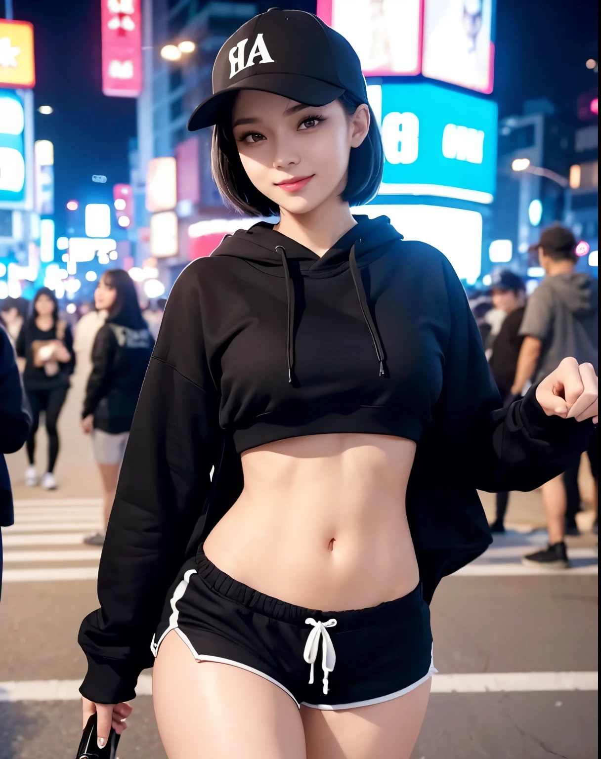 1girl, (Black Eyes), (smiling), (beautiful makeup), (wide hips), Big tits, (big ass), (Best Quality, 8k, Masterpiece: 1.3), Clear Focus: 1.2, Perfect Body Beauty: 1.4, strong abs, Highly detailed face and skin texture, detailed eyes, double eyelids, (black short hair :1.2), (sporty hoodie and shorts :1.2), sneakers, black baseball cap, standing, dynamic pose, in the shibuya neighborhood at night, tokyo japan