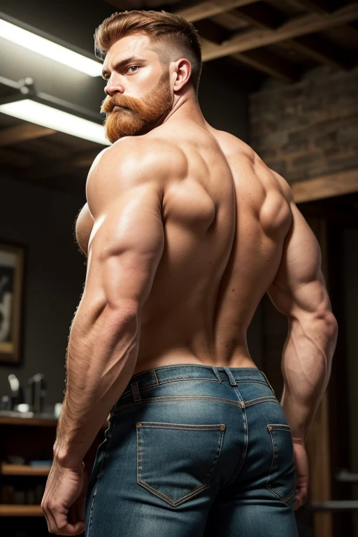 Masterpiece, Best Quality, Ultra-Detailed, muscular, bearded, thick mustache, imposing man [intense look], Intimidating presence, male figure,[imposing shadows],gritty realism, extreme detailed description, wide shoulders, green eyes, detailed eyes, brilliant eyes, handsome eyes, red hair, ginger hair, ginger beard, [chin stubble], imposing silhouette, bright colors, distinctive beard style, sharp focus, Unyielding pose, sense of authority, beige jeans (((big bulge) (((backside)))
