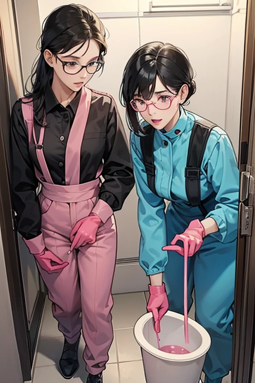 Two mature cleaning ladies with glasses and black hair in blue long sleeve jumpsuits and pink rubber gloves look shocked when they see a penis in a dirty public restroom.