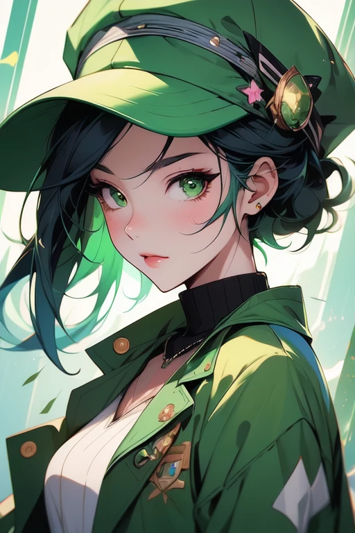a close up of a person wearing a green jacket and a hat, a digital painting inspired by Ross Tran, trending on Artstation, digital art, rossdraws cartoon vibrant, ross tran style, :: rossdraws, urban girl fanart, lois van baarle and rossdraws, rossdraws 2. 0, in style of digital illustration, rossdraws digital painting