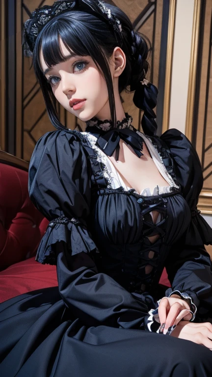 (Tabletop, highest quality:1.2), 85mm, Official Art, RAW Photos, Absurd, Black-haired, (blue eyes, Lolita Fashion, sweet lolita, Gothic, dress:1.2), Idol&#39;s face, Upper Body, beautiful girl, Gardeniass, Copenhagen, Short sleeve, grace, Sophisticated, Gardenia, Film Grain, Sharp focus, Face Light, Dynamic Lighting, Cinema Lighting, (( blush、Embarrassed expression, avert your eyes、Looking down shyly:1.2))、(((Pull up your skirt、White panties are visible、Sujiman、slit)))、, chromatic aberration, 8k