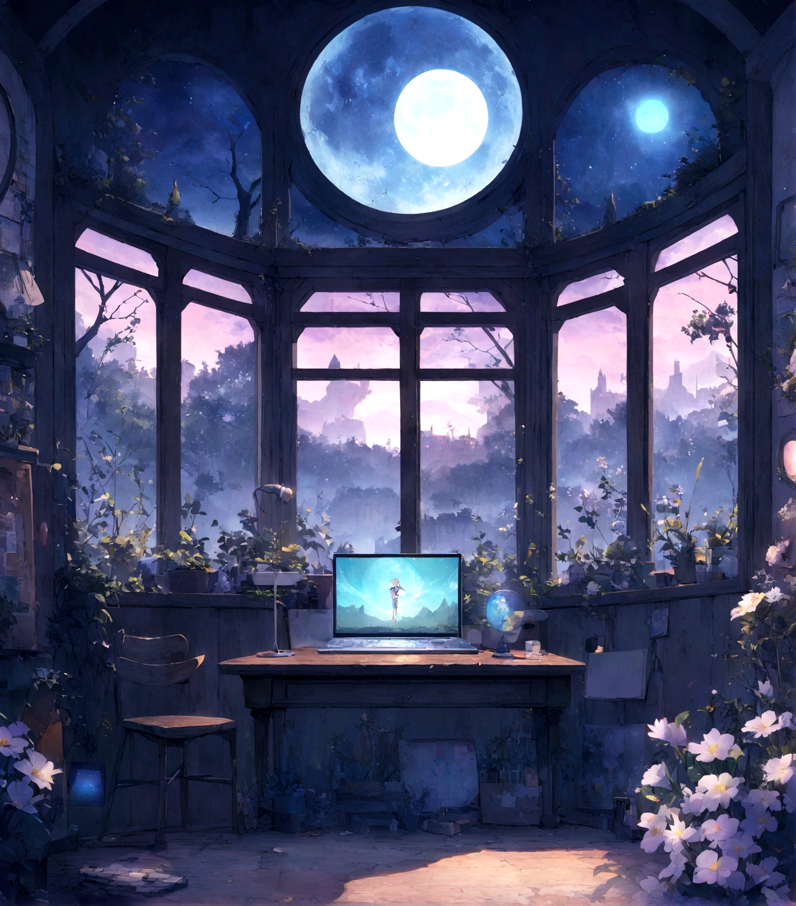 on the desk、No people、Tablet、liquid crystal、moon、PC Monitor、liquid crystalTablet、smartphone、wall、Dark atmosphere、Blue Neon、Blue Star、keyboard、Vocal Microphone、headphone、Large windows、scenery、white flowers and a laptop on a desk in front of a window, a digital painting inspired by Uragami Gyokudō, pixiv contest winner, magical realism, magic lab background, magical background, background art, personal room background, random background scene, anime background art, cozy cafe background, fairy tale style background, background artwork, mobile game background